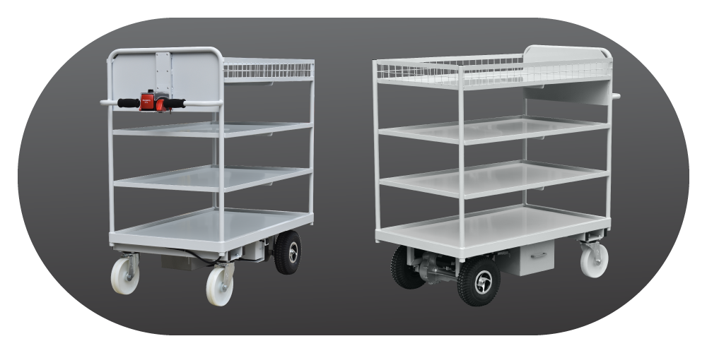 A showcase image of a Hi-Pow in White for a hospital in gray, with white castor wheels at the front and large rubber wheels at the rear